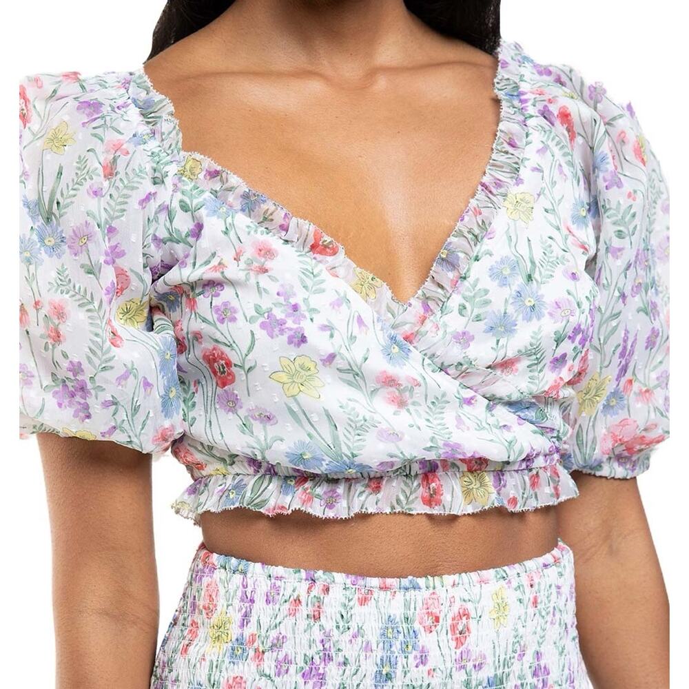 Saylor Floral Teryn Top Womens Size S Blouse Cropped Puff Sleeve Forest Fairy